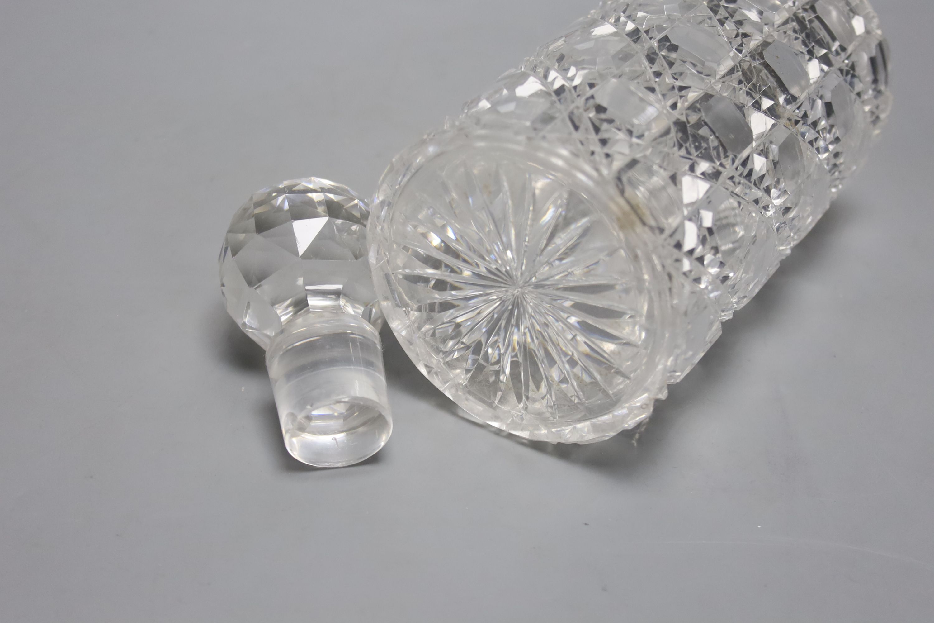 Two green glass dumps, a heavy cut glass bowl and a decanter